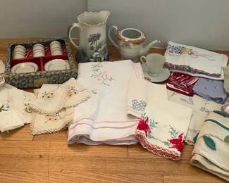 Assorted China, Vintage Embroidered Tea Towels, Pillow Cases, Runners, Table Clothes,  More