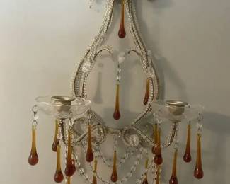 Vintage Glass  Metal Candelabra with Amber Glass Teardrops