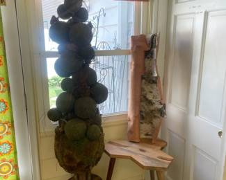Natural Wood Side Table, Large Fake Topiary, Real Tree Bark Decor