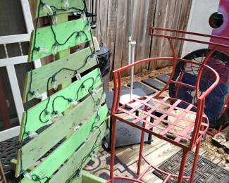 Hand made wooden Christmas tree and red bar stool