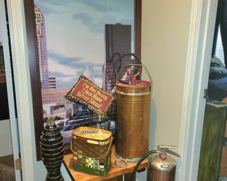 Vintage fire extinguishers, artwork, and decor