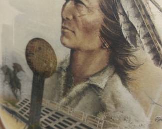 Signed Native Portrait Limited Print — Limited-edition lithograph featuring a Native American portrait with the Sunsphere and Tennessee World's Fair pavilion imagery, signed and dated May 1, 1982. The print is matted in a round opening with a linen-style mat and set in a dark wood frame; artist signature and edition number (e.g., 67/100) visible near the lower image. Overall framed piece is moderately large and suitable for a den or bonus room display. Condition is good with light surface wear to the mat and frame and no obvious tears to the print; glass appears intact but may have minor scuffs.