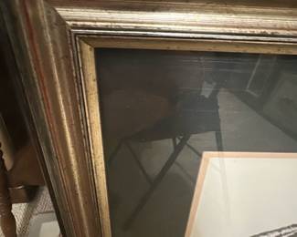 Regency House Art Inc Tiger Print — Regency House Art Inc. framed tiger lithograph featuring a detailed black-and-white tiger head with double mat and gilt-accented frame. The piece is signed by the artist (appears to read Guy Bohabach) in pencil on the lower margin and is presented under glass in a decorative frame. Overall size is estimated for hanging and the work is ready to display from the Bonus Up Room; frame shows normal surface wear and small scuffs visible in photos. In good condition overall with intact glass and matting; minor frame wear consistent with age and handling.