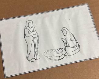 Carved Wood Nativity Figures — Set of three carved wood nativity figures in natural light wood finish, shown boxed and ready for display or gifting. Each figure is stylized with simple carved details holding gifts, hand-carved appearance with smooth sanded surfaces and visible wood grain. Overall compact set suitable for shelf or mantel display; boxed as shown in photos for easy transport. Good condition with light handling wear consistent with storage; no major chips or breaks visible.