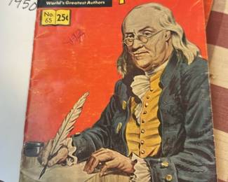 Classics Illustrated Benjamin Franklin — Classic Classics Illustrated comic featuring Benjamin Franklin on the cover (No. 65). Paperback comic with illustrated color cover, staple-bound interior; cover shows wear, creases, light edge chipping and a small pen mark but pages appear intact. Measures approximately 10.5 in tall x 7 in wide (standard comic size) and is lightweight and easy to ship or include in an estate lot. Good collectible condition for reading or display with expected age-related wear; no apparent missing pages from photos.