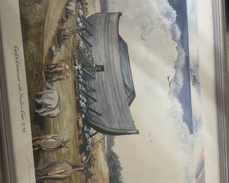 God's Covenant with Noah Print — Framed print titled "God's Covenant with Noah - Gen. 6:18" depicting Noah's Ark with animals on shore and a rainbow motif. The piece is matted and in a silver frame; signature visible on the bottom margin. Overall good condition with light wear to the frame and glass, artwork appears clean with no visible tears or stains. Measures approximately 28 x 22 inches framed, easy to hang in a living room, hallway, or faith-based space.