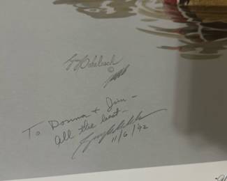 Guy Coheleach Signed Duck Print — Signed wildlife print by noted artist Guy Coheleach depicting a pair of ducks in water; the print includes a personal inscription dated 11/6/92. The image shows detailed, realistic coloration and the artist's printed signature and portrait on the accompanying sheet. Good condition overall with light edge wear visible on the margins and some minor surface signs from handling; appears unframed in photos. A desirable piece for wildlife art collectors or as decor in a study or den, attributed to Coheleach and dated 1992.