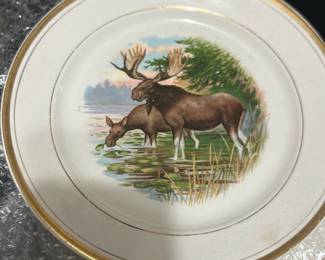 6 Dresden White Granite Moose Plate — Decorative Dresden 'White Granite' plate featuring a painted scene of a bull and cow moose at a lakeside with gold rim detail. Porcelain plate with gilt edging and transfer/hand-painted central motif, marked on the back with a green wreath mark reading "Dresden White-Granite." Measures like a small display plate and works well as wall or cabinet decor. Plate shows crazing to the glaze consistent with age but no visible major chips or cracks in photos. A charming collectible plate for rustic or hunting lodge style displays.