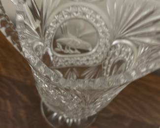 Hofbauer Byrdes Lead Crystal picture — This vintage Hofbauer Byrdes lead crystal vase is a stunning example of German craftsmanship, made with 24% lead crystal. The vase features intricate cut glass designs and a scalloped rim, standing approximately 9 inches tall, ideal for decorative use. Crafted with high-quality lead crystal, it showcases exceptional clarity and brilliance. The vase is in excellent condition with no visible chips or cracks, preserving its elegant appeal. Made in Germany, this piece represents the timeless artistry of classic lead crystal glassware.