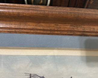 L&N Depot Framed Print — Framed watercolor print titled 'L&N Depot, Crossville, Tennessee' signed by Helen Hayes (visible). The piece is double-matted in blue and cream with a wide wood frame showing surface wear and small nicks; glass appears intact. Overall framed size estimated for wall display; suitable for home or office railroad or local Tennessee decor. Condition is good for display with cosmetic wear to frame and slight mat discoloration consistent with age.
