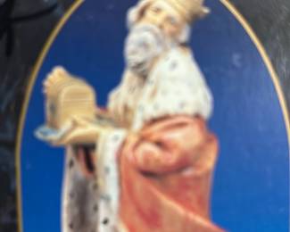 Fontanini Melchior 7.5" Heirloom — Fontanini Melchior from the Fontanini Heirloom Collection, a 7.5" hand-painted resin/wood-appearance nativity figure in regal robes. The piece shows detailed paintwork with a fur-trimmed cloak and crown, typical of Fontanini collectible nativity figures. Boxed item (box shows storage wear and tape) — figure likely in good collectible condition though item not removed for inspection. Good estate-sale pick for seasonal collectors; minor box wear and surface scuffs noted.