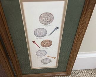 Framed Golf Tees and Balls Print — This framed print features detailed illustrations of various golf balls and tees, perfect for golf enthusiasts or sports decor. The artwork is matted with a green border and encased in a classic wood frame that enhances its vintage charm. The print measures approximately 32 inches in height and 15 inches in width, making it a suitable size for bedrooms or game rooms. It is in good condition with no visible damage to the frame or glass. This piece adds a touch of sporting history and nostalgia to any collection or wall.