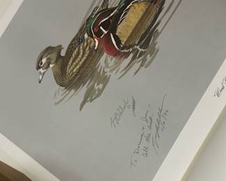 Guy Coheleach Signed Duck Print — Signed wildlife print by noted artist Guy Coheleach depicting a pair of ducks in water; the print includes a personal inscription dated 11/6/92. The image shows detailed, realistic coloration and the artist's printed signature and portrait on the accompanying sheet. Good condition overall with light edge wear visible on the margins and some minor surface signs from handling; appears unframed in photos. A desirable piece for wildlife art collectors or as decor in a study or den, attributed to Coheleach and dated 1992.