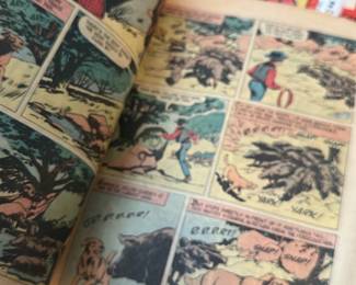 Walt Disney Old Yeller Comic — Walt Disney's Old Yeller comic book featuring full-color illustrated story pages; photographed in Office Up Room. The staple-bound comic shows newsprint paper with age-toned pages and typical edge/tip wear; colors remain visible though faded with foxing and small tears at the spine. Measures approximately 10 inches tall by 7 inches wide with a thin 0.1-inch depth (newsprint comic size) and is lightweight and easy to mail or pick up. Condition is fair with detached or weakened staples, chipped edges, and general handling wear consistent with its age; pages appear complete from photographed sections but may have additional fragility.