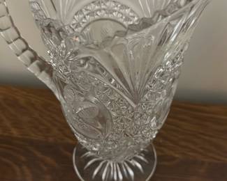 Hofbauer Byrdes Lead Crystal picture — This vintage Hofbauer Byrdes lead crystal vase is a stunning example of German craftsmanship, made with 24% lead crystal. The vase features intricate cut glass designs and a scalloped rim, standing approximately 9 inches tall, ideal for decorative use. Crafted with high-quality lead crystal, it showcases exceptional clarity and brilliance. The vase is in excellent condition with no visible chips or cracks, preserving its elegant appeal. Made in Germany, this piece represents the timeless artistry of classic lead crystal glassware.