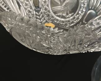 Vintage Hofbauer  Serving Bowl — This vintage pressed glass serving bowl features intricate raised floral and bird motifs with a scalloped edge design. Made from clear glass, it showcases detailed craftsmanship typical of early to mid-20th century pressed glassware. The bowl measures approximately 9.5 inches in diameter and 3 inches in height, perfect for serving or decorative use. It is in good condition with some minor surface wear consistent with age but no chips or cracks. Ideal for collectors or as a charming addition to vintage tableware collections.