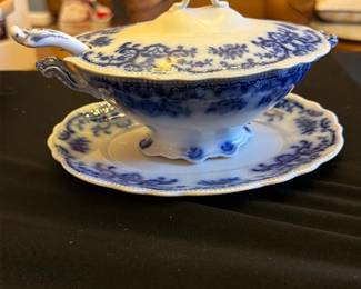 Blue Transferware Covered Gravy Boat