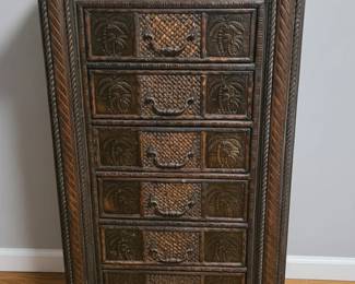 Ornate Carved Wood and Cane Chest of Drawers