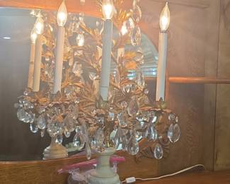 Crystal and Gilt Metal Girandole Table Lamp with Marble Base