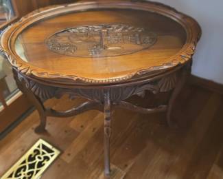 Antique French Renaissance Style Carved Walnut Side Table with Glass Top