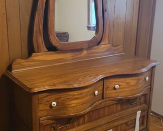 Antique Serpentine Front Tiger Oak Dresser with Mirror