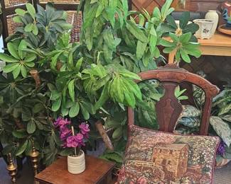 Antique Cane Seat Chair with Tapestry Pillow