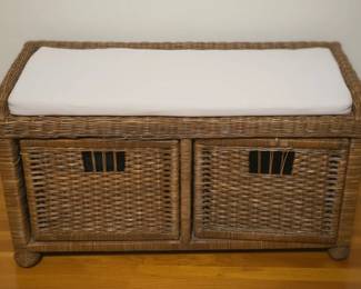 Wicker Storage Bench with Cushion and Drawers