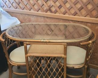 Pair of Vintage Rattan and Cane Barrel Back Armchairs with Round Rattan Side Table second image