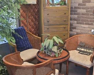 Pair of Vintage Rattan and Cane Barrel Back Armchairs with Round Rattan Side Table