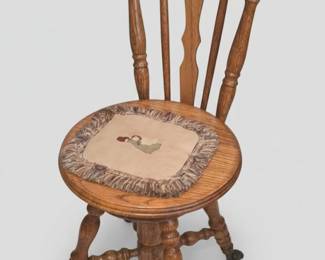 Oak Spindle Back Piano Stool with Embroidered Seat