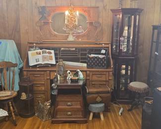 Antique Oak RollTop Desk with Mirror and Chandelier
