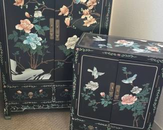 Pair of Vintage Chinese Black Lacquer Cabinets with Floral and Bird Motif