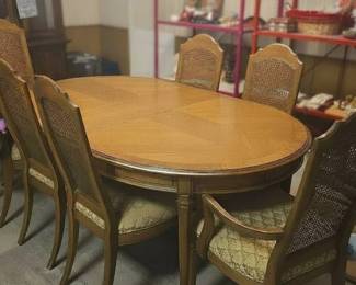 Thomasville Provincial Double Base Dining Table with Six Cane Back Chairs