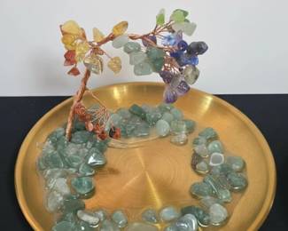 Green Aventurine and Mixed Gemstone Tree on Brass Dish