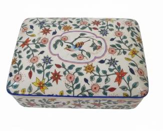 Porcelain Trinket Box with Bird and Floral Motif