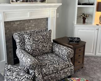 Black and white paisley armchair, colorful ottoman