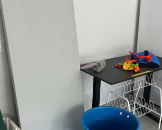 Fold up table, storage tub, standing desk (as is, top not attached)