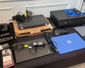Arris cable box, two HP laptops (locked with password), Lenovo ThinkPad (locked with password), Apple iPad 2 (dead & assumed locked), Apple earbuds, HP Envy 4500 printer