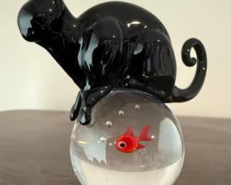 Cat on Fishbowl Glass Paperweight