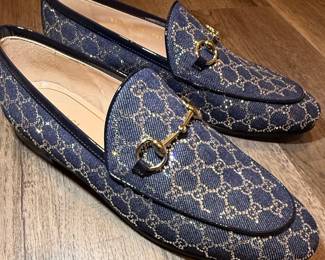 Gucci Jordaan Crystal GG Monogram Denim Loafers