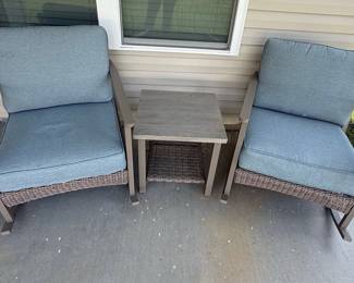 Wicker Rocking Chair and Side Table Set with Light Blue Cushions