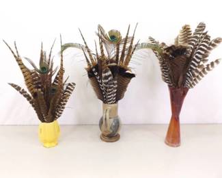 Lot of 3 Vintage Vases Full of Peacock etc. Feathers