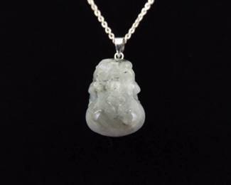 .925 Sterling Silver Carved Gray Quartz Protection Amulet Pendant Necklace