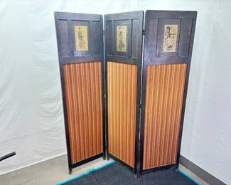 Antique Wood and Cloth Folding 3 Panel Room Divider/Privacy Screen
