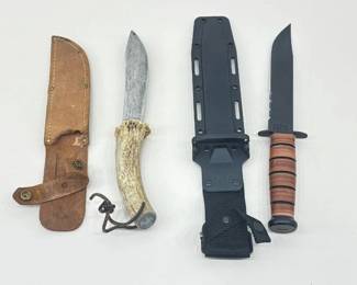 NEW K-Bar USMC Fixed Blade Fighting Knife, and a Vintage Stag Horn Fixed Blade Knife