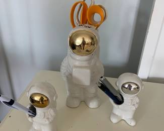 #172	set of 3 ceramic astranots   pots that can be used to hold flowers, tools, etc 	 $30.00 