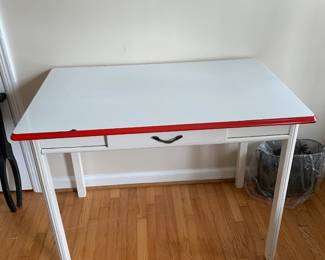 #22	white painted metal porclian top table with drawer 40x25x30	 $100.00 