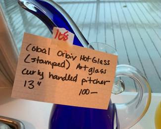 #107	Orbix (stamped) Hot Glass Handblown Curly Hadled Pitcher - 13.5" 	 $100.00 