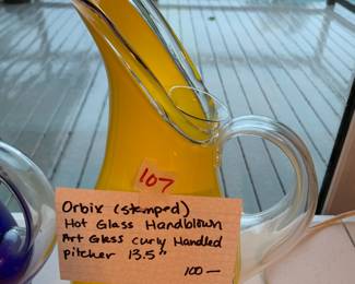 #107	Orbix (stamped) Hot Glass Handblown Curly Hadled Pitcher - 13.5" 	 $100.00 