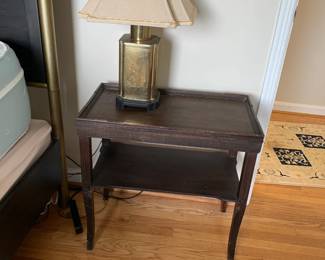 #27	Wood Rectangle End Table - 24x13x24	 $30.00 #28	Brass Lamp w/Flowers Engraved on Base - 24" Tall	 $50.00 